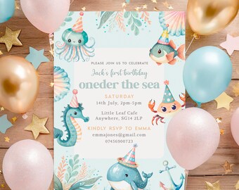 Editable Oneder the Sea Birthday Invitation, Under the Sea Party, First Birthday Invite, Ocean Animals, Baby Party Invite, Digital Download