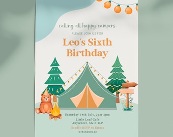 Camping Geburtstagseinladung, Natur Party einladen, Campout Sleepover Geburtstag, Wandern, Zelt, Camp Party einladen, Sofort Download