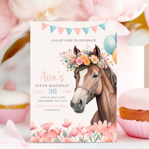 Invito di compleanno cavallo modificabile, Salta in sella, Galoppo, Festa per bambina, Invito rodeo carino, Invito cavallo, Floreale rosa, Download digitale