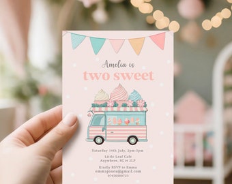 May include: A pink invitation card with a cartoon ice cream truck and the text "Amelia is two sweet". The invitation includes details for a birthday party, including the date, time, location, and contact information.
