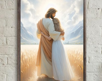 Jesus Hugging blonde Girl, faceless portrait, Jesus and Woman Art, Jesus art print, Christian Painting, Christian Wall Art, Christians gift