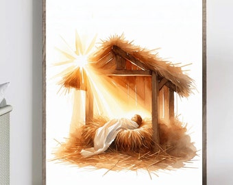 Birth of Jesus, baby Jesus art print, Christmas wall decor, christian art, bible story, christian christmas print, gift for christian woman