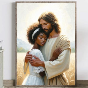 Jesus hugs black woman art print, Jesus with black girl portrait, Christians home decor, Jesus wall art, digital gift for black christian