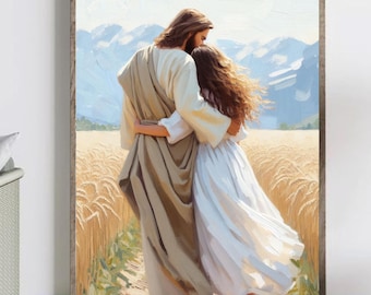 Jesus Hugging Girl, faceless portrait, Jesus and Woman Art, Jesus art print, Christian Painting, Modern Christian Wall Art, Christians gift