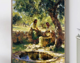 Bible art,Jesus Christ and Samaritan woman, modern christian art, Christian Bible printables decor Wall Art, Bible painting, christian print