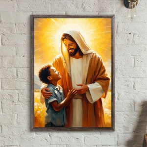 black boy with Jesus Christ, digital painting, Christian Nursery Print, Jesus Wall Art, Kids Digital Print, Church Decor, boys room décor