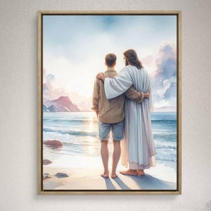 Kunst Jezus met man, gezichtsloos portret, christelijk kunstwerk, lds-doopschildering, christelijke muurkunst, christelijk cadeau voor man, tienercadeau