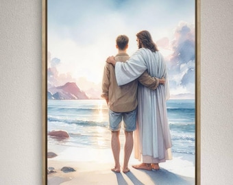 Jesus with man art, faceless portrait, Christian artwork, lds baptism Painting, Christian wall Art, Christian gift for man, teenage boy gift