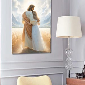 May include: A painting of a man and a woman standing in a field of wheat. The man is wearing a brown robe and the woman is wearing a white dress. The man has his arm around the woman and they are looking at each other.
