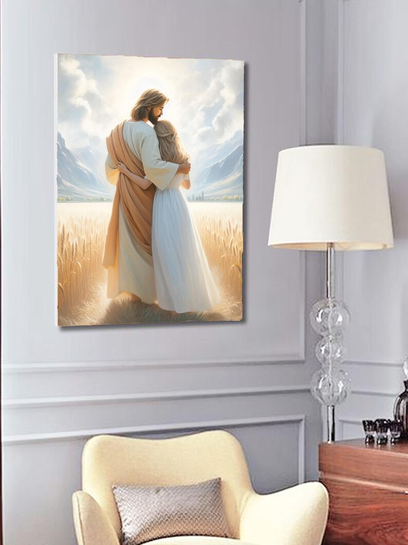 May include: A painting of a man and a woman standing in a field of wheat. The man is wearing a brown robe and the woman is wearing a white dress. The man has his arm around the woman and they are looking at each other.