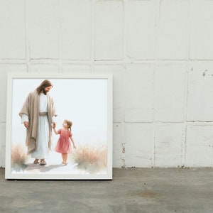 May include: A framed watercolor painting of a man in a white robe holding a young girl's hand as they walk through a field of tall grass.