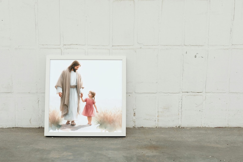 May include: A framed watercolor painting of a man in a white robe holding a young girl's hand as they walk through a field of tall grass.
