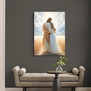 May include: A painting of a man and a woman standing in a field of wheat. The man is wearing a long robe and the woman is wearing a white dress. The man has his arm around the woman and they are looking out at the horizon.