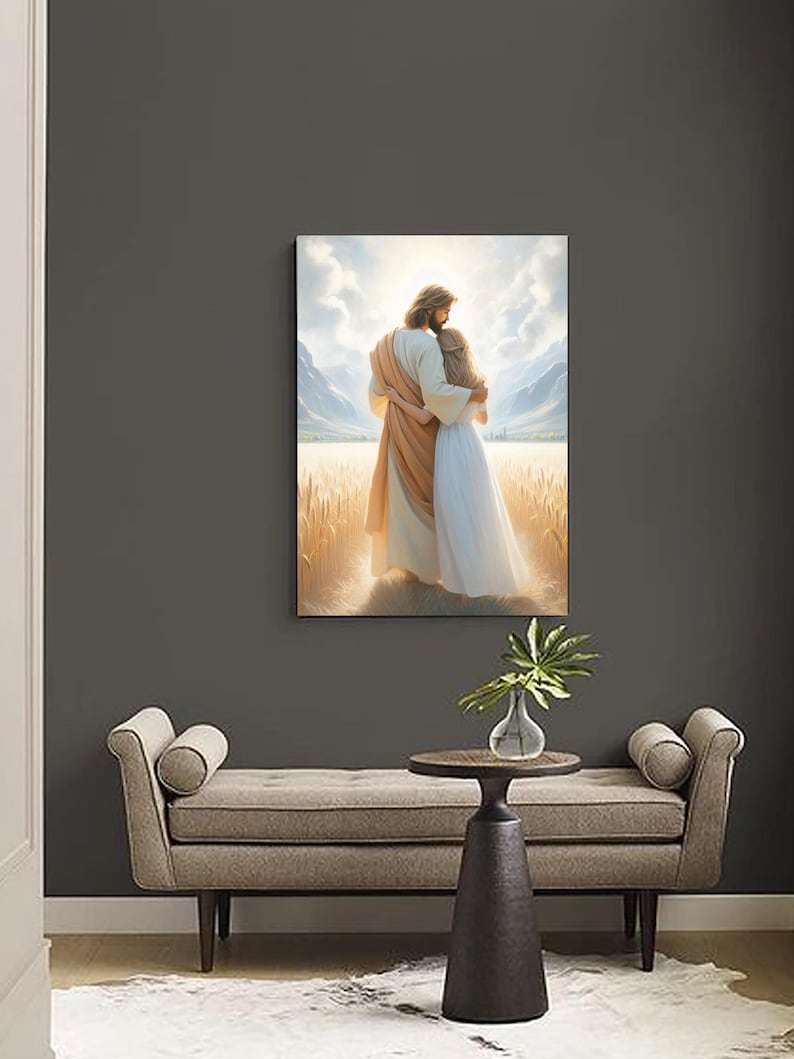 May include: A painting of a man and a woman standing in a field of wheat. The man is wearing a long robe and the woman is wearing a white dress. The man has his arm around the woman and they are looking out at the horizon.