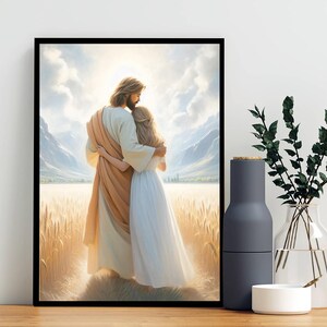 May include: A painting of a man and a woman standing in a field of wheat. The man is wearing a brown robe and the woman is wearing a white dress. They are embracing each other and looking up at the sky.