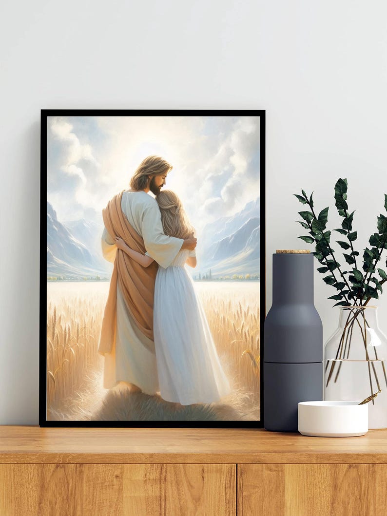 May include: A painting of a man and a woman standing in a field of wheat. The man is wearing a brown robe and the woman is wearing a white dress. They are embracing each other and looking up at the sky.