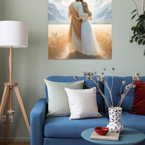 May include: A painting of a man and a woman standing in a field of wheat. The man is wearing a long robe and the woman is wearing a white dress. They are both looking at the horizon. The painting is set against a backdrop of mountains and a bright sky.
