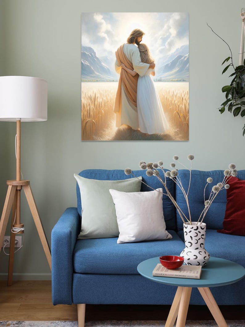 May include: A painting of a man and a woman standing in a field of wheat. The man is wearing a long robe and the woman is wearing a white dress. They are both looking at the horizon. The painting is set against a backdrop of mountains and a bright sky.