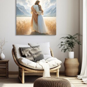 May include: A painting of a man and a woman standing in a field of wheat. The man is wearing a long robe and the woman is wearing a white dress. They are both looking up at the sky. The background is a field of wheat with mountains in the distance.