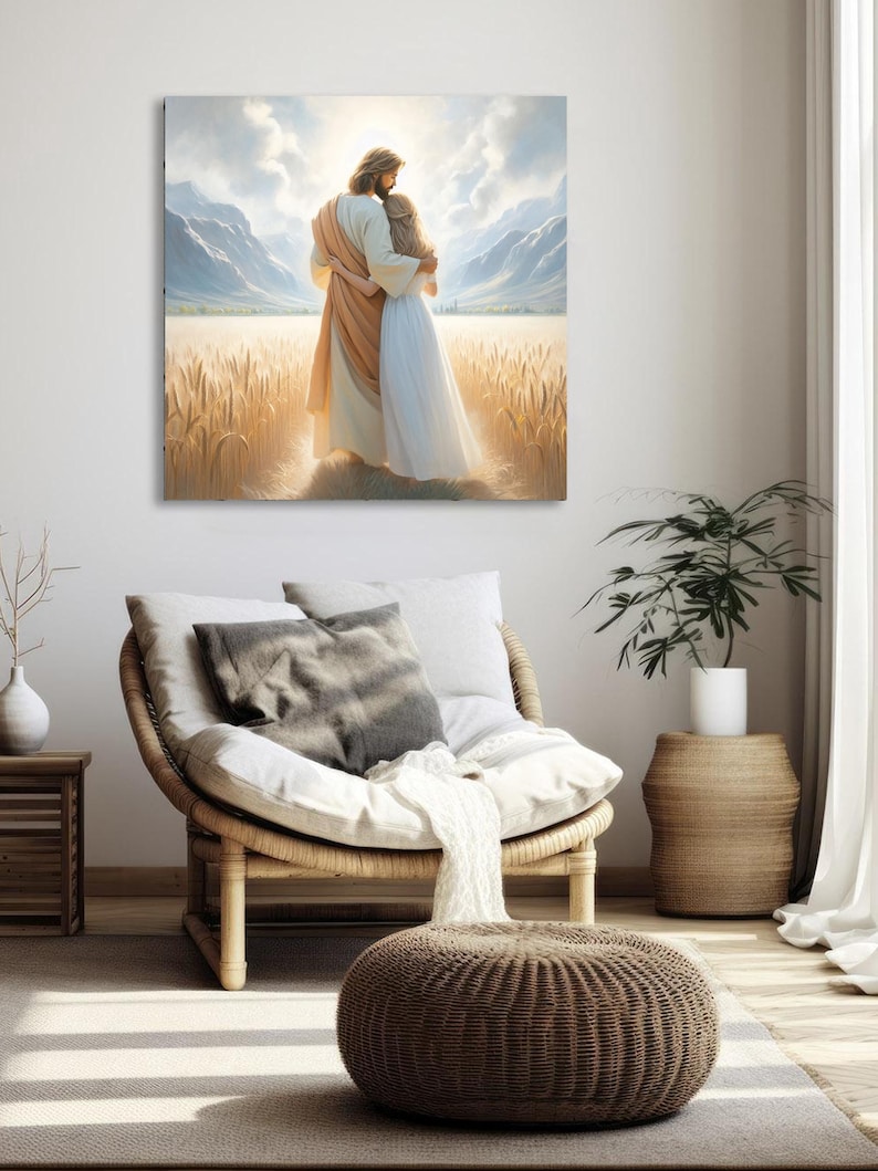 May include: A painting of a man and a woman standing in a field of wheat. The man is wearing a long robe and the woman is wearing a white dress. They are both looking up at the sky. The background is a field of wheat with mountains in the distance.