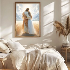 May include: A painting of a man and a woman standing in a field of wheat. The man is wearing a long robe and the woman is wearing a white dress. The man has his arm around the woman and they are looking out at the horizon.