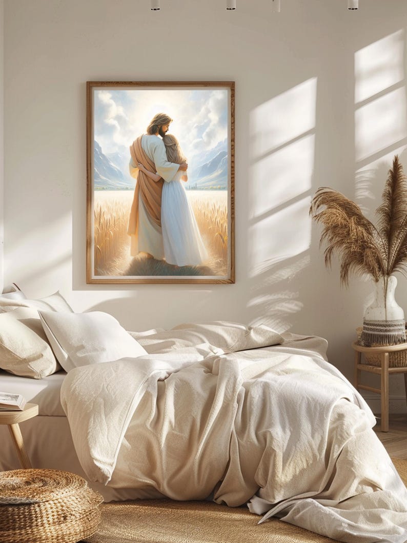 May include: A painting of a man and a woman standing in a field of wheat. The man is wearing a long robe and the woman is wearing a white dress. The man has his arm around the woman and they are looking out at the horizon.