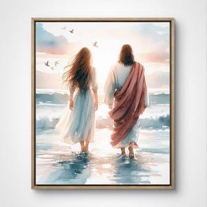 Jesus and Girl Walking on Water – Christian Wall Art, Gift for Woman, Faith Decor, Baptism or Birthday Printable, Watercolor Digital Print