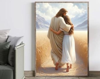 Jesus Hugging Girl Art Print, Christian Wall Art (Digital Download)