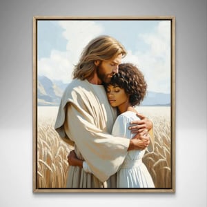 Jesus hugs black woman art print, Jesus with black girl portrait, Christians home decor, Jesus wall art, digital gift for black christian