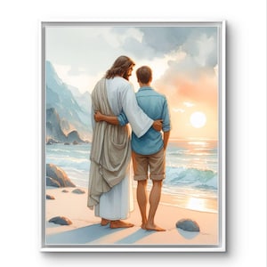 Jesus Walking with Man – Christian Wall Art for Men, Printable Religious Gift, Faith-Based Sunset Beach Decor, Christian art prints, baptism