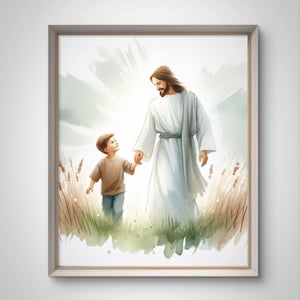 Jesus and boy, Jesus watercolor, christian picture, lds baptism gift boy, Jesus nursery art, canvas, painting of christ, sunday school art
