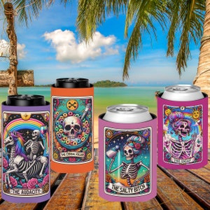 Enfriador de latas personalizado con carta del tarot, aislante para bebidas personalizado, soporte para cerveza, recuerdos para despedidas de soltera en la playa, festivales de música, regalos para viajes de chicas