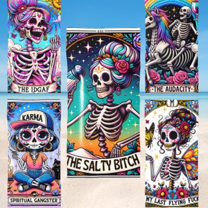 Benutzerdefinierte Tarot Karte Strandtuch, Skelett Charakter Strandtuch, Hochzeit, Junggesellinnenabschied Gefälligkeiten, Sommerspaß, Mädchen Reise Brautgeschenke