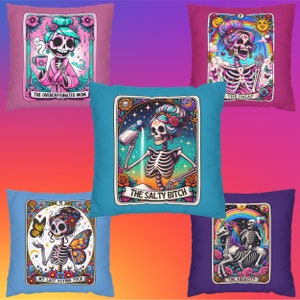 Benutzerdefiniertes Tarot-Kartenkissen, quadratisches Kissen mit Skelettcharakter, Wohnkissen, Hausdekor, lustige Geschenke für BFF, einzigartiges Dekokissen