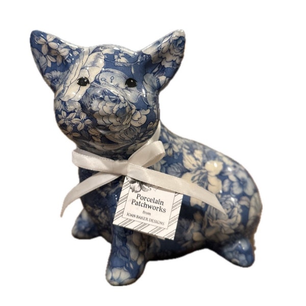 PEARL the Piggy - Blue and White Floral Pattern, Porcelain Patchworks by Joan Baker Designs, Pig Figurine, Vintage Country Hutch Shelf Decor