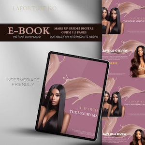 Può includere: Una guida al trucco digitale in formato ebook con uno sfondo rosa e una donna con i capelli lunghi e neri. Il testo sulla copertina recita "MAKE UP GUIDE | DIGITAL GUIDE | 13 PAGES" e "SUITABLE FOR INTERMEDIATE USERS".