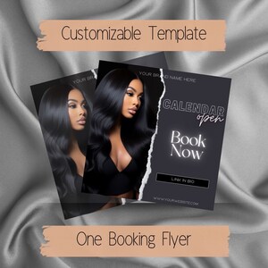 May include: A black and white flyer with a torn edge, advertising a calendar open for booking. The flyer features a woman with long black hair and the text "CALENDAR open" and "Book Now".