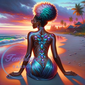 May include: A woman with blue and green hair sits on a beach at sunset. She is wearing a blue and purple dress and has a jeweled design on her back.