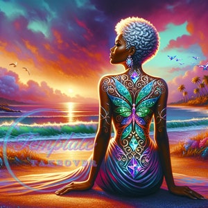 Może przedstawiać: Cyfrowe dzieło sztuki przedstawiające osobę z motylem na plecach, siedzącą na plaży o zachodzie słońca. Wzór motyla wykonany jest z niebieskich, zielonych i fioletowych klejnotów. Tło przedstawia kolorowe niebo, ocean i palmy.