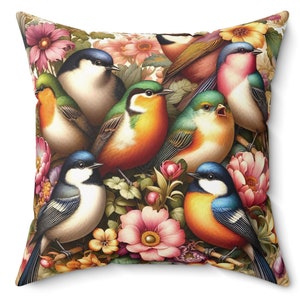 Colorful Birds Pillow Bird Throw Cushion Retro Floral Housewarming Decor Cottagecore Pillow Birds and Flowers Accent Gift Bird Lover Present