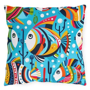 Fish Outdoor Pillows - Vibrant and Colorful Throw Pillow for Patio Decor, Beach House Accessories, Tropical Home Decor, Sea Life