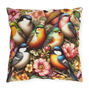Colorful Birds Outdoor Pillow Patio Pool Pillow Tropical Birds Botanical Vintage Garden Decor Floral Cottage Core Decor Gift INSERT INCLUDED