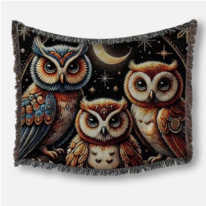 Owls Woven Cotton Blanket Scandinavian Style Throw Whimsical Wise Owl Tapestry Owl Family Moon Blanket Owl Lover Gift Dark Academia Decor