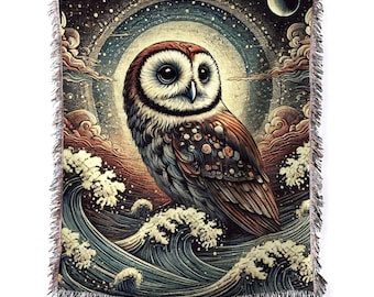 Owl Woven Cotton Blanket: Whimsical Moon & Woodland Tapestry