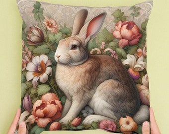 Rabbit Pillow: William Morris Style Floral Cushion, Home Decor