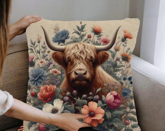 Highland Cattle Woven Pillow, Cow Design Decorative Home Accent, Farmhouse Chic Cushion, Scottish Highland Cow Throw Pillow, Cotton Blend