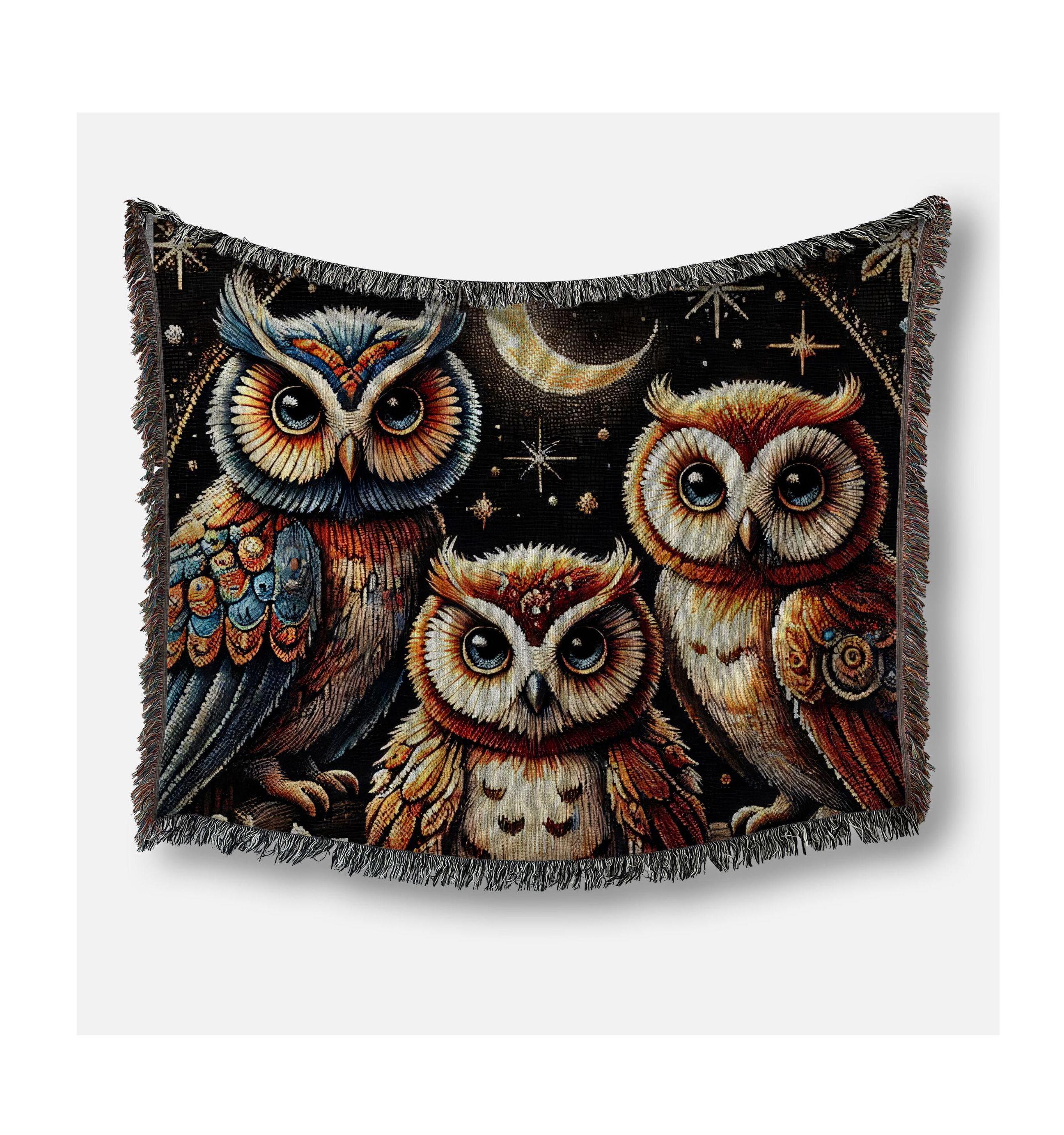 Owls Woven Cotton Blanket Scandinavian Style Throw Whimsical Wise Owl Tapestry Owl Family Moon Blank