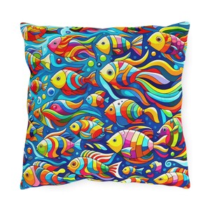 Fish Outdoor Pillows - Vibrant and Colorful Throw Pillow for Patio Decor, Beach House Accessories, Tropical Home Decor, Sea Life