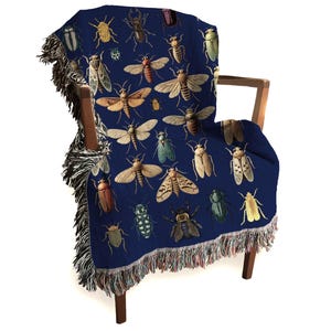 Vintage Bugs Woven Blanket Dark Cottagecore 100% Cotton Rug Colorful Beetles Woven Throw Bug Wall Tapestry Entomology Art Insect Lover Gift