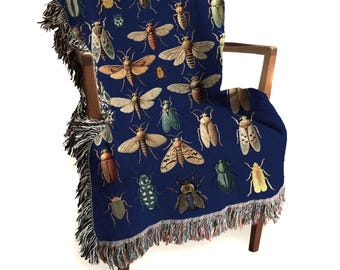 Vintage Bugs Woven Blanket: Dark Cottagecore Cotton Throw